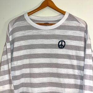 OLD NAVY Thick Knit Striped Peace Sign Embroidered White Gray Long Sleeve Tee